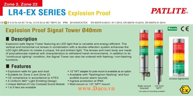 LR4-102WJNU-G-EX Đèn tháp phòng nổ Patlite Φ40 Bóng LED 1 tầng IP65, ATEX, Zone 2